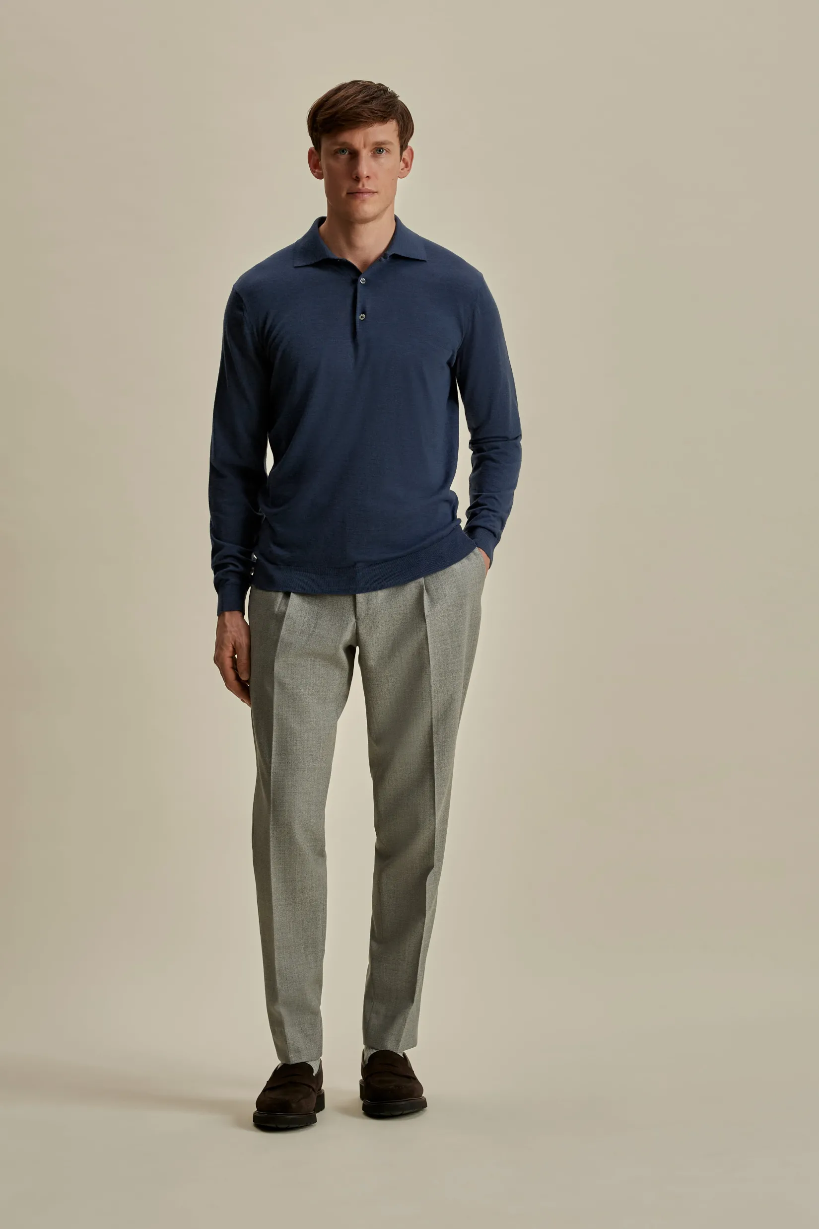 Merino Wool Fine Gauge Long Sleeve Polo Shirt T-Shirts & Polos|Knitwear