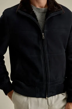 Sale Suede Sheepskin Mock Collar Bomber Jacket Outerwear